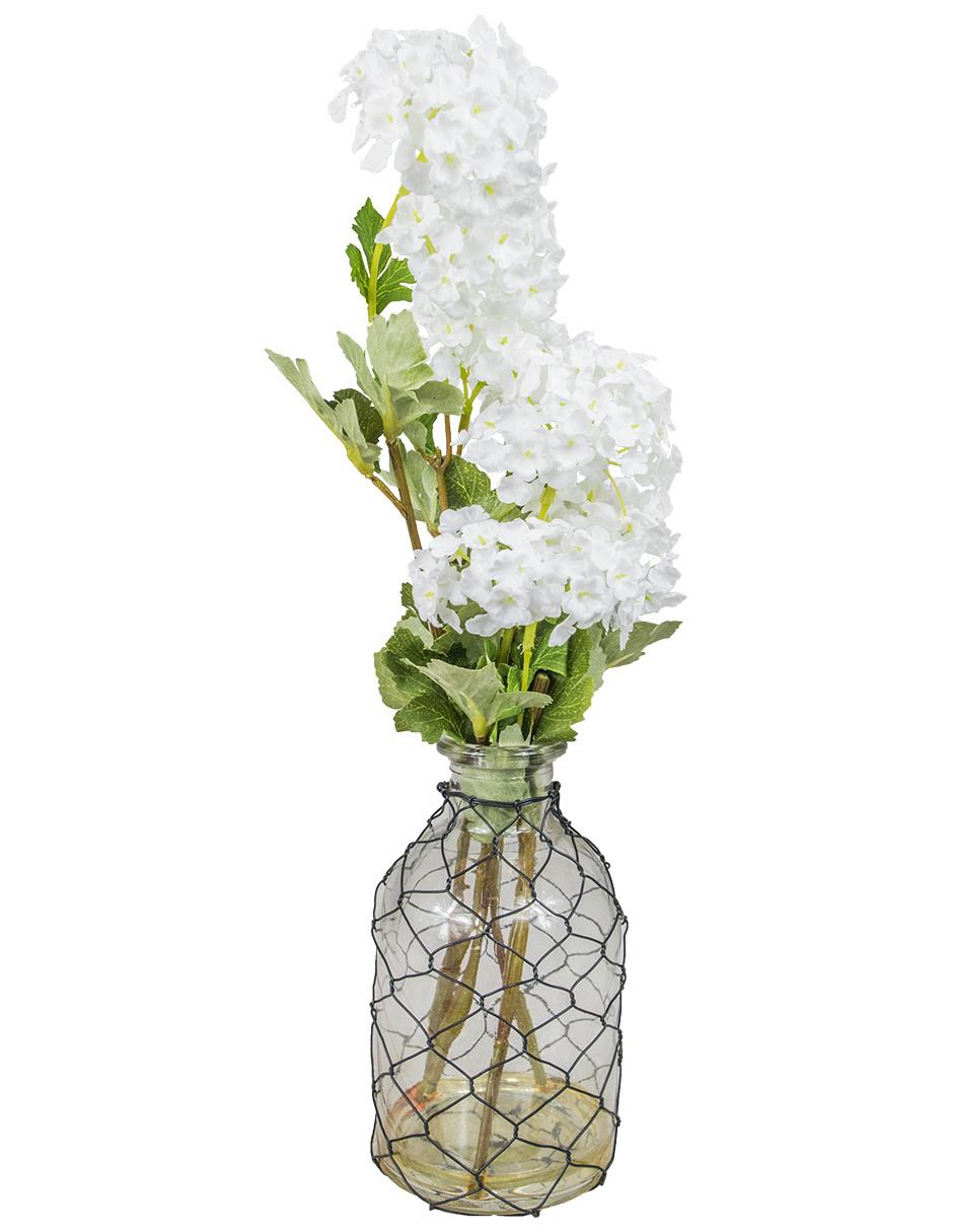 Hortensias blancas en florero de botella con reja Dkomania